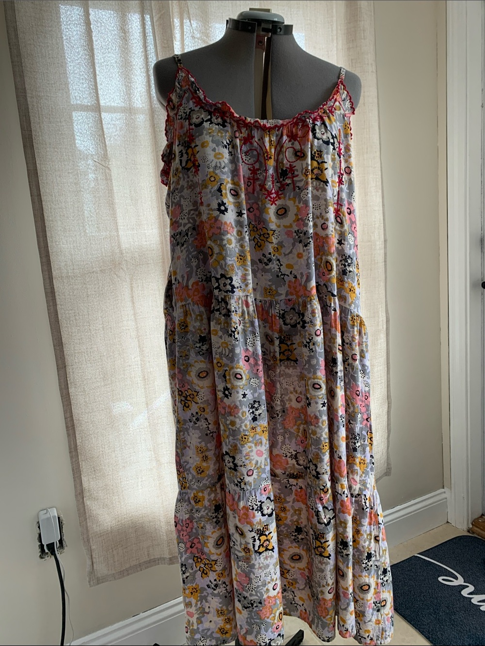NATURAL LIFE Yellow Floral Tiered Dress with Pink Trim